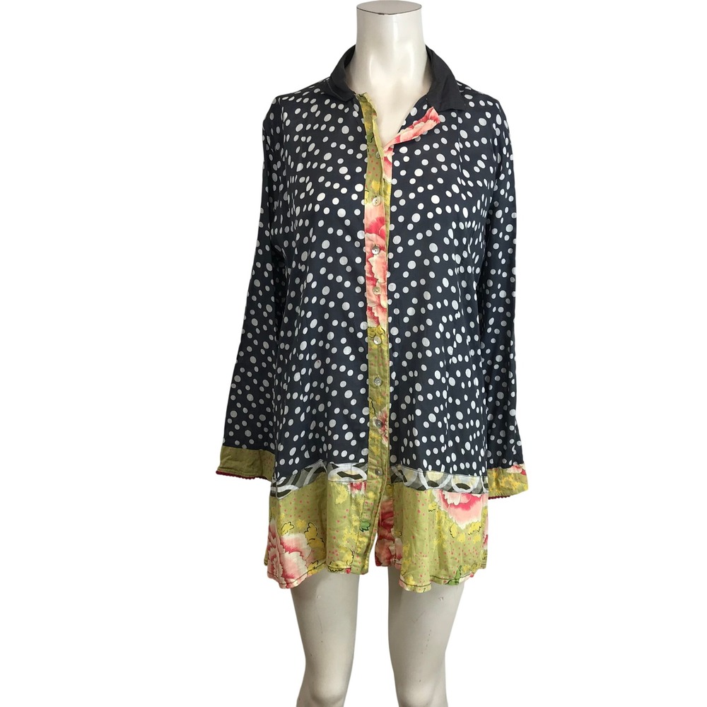Little Journeys Chicago Womens Polka Dot Floral Cotton Button Down Tunic Black